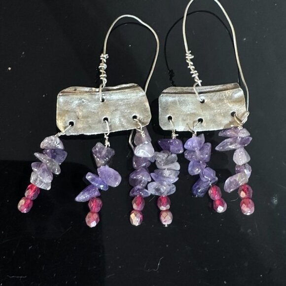 Amethyst Gemstone Purple Sterling Silver 925 Earrings Handmade Rustic Scrap - Picture 5 of 9